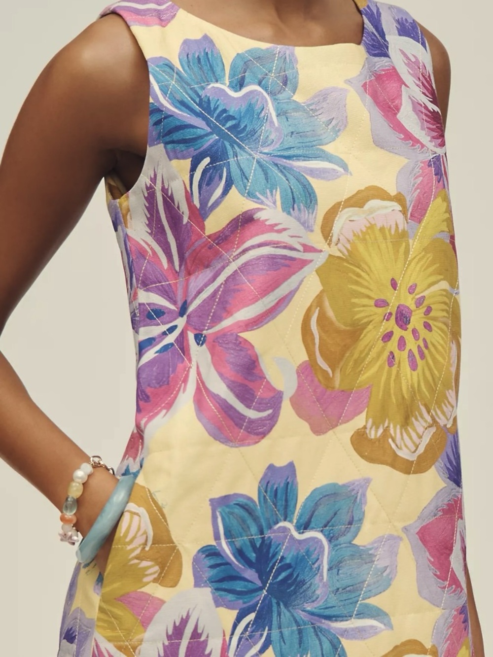 NWT Farm Rio Folk Floral Hibiscus Quilted Mini Dress Pockets Gold Purple S Small - Picture 4 of 4